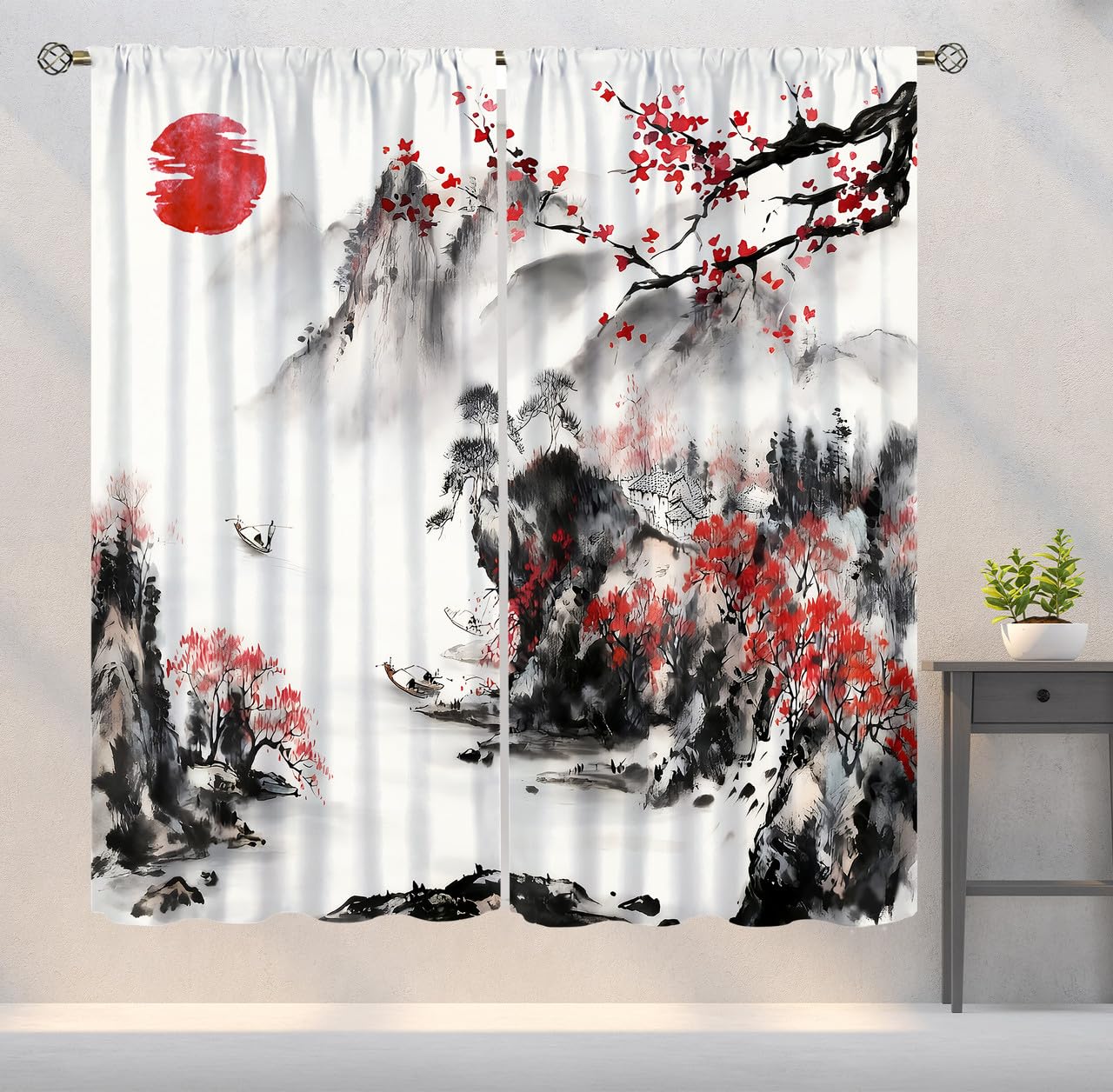 YSWOW Asian Curtains, Japanese Traditional Ink Nature Landscape Cherry Blossoms Art Printed Window Drapes for Bedroom Living Room Kitchen Decor Fabric 2 Panel 42x45 Inch 30% Shading Rate