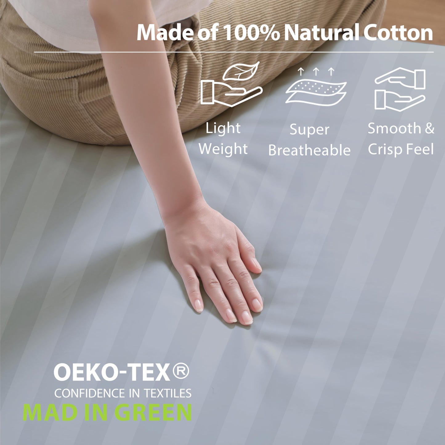 2 Pack Queen Fitted Sheets Only, 100% Egyptian Cotton, Super Soft 600 Thread Count Sateen, 16" Deep Pocket Bottom Sheets, Breathable Hotel Quality, Durable All-Around Elastic, Striped Grey