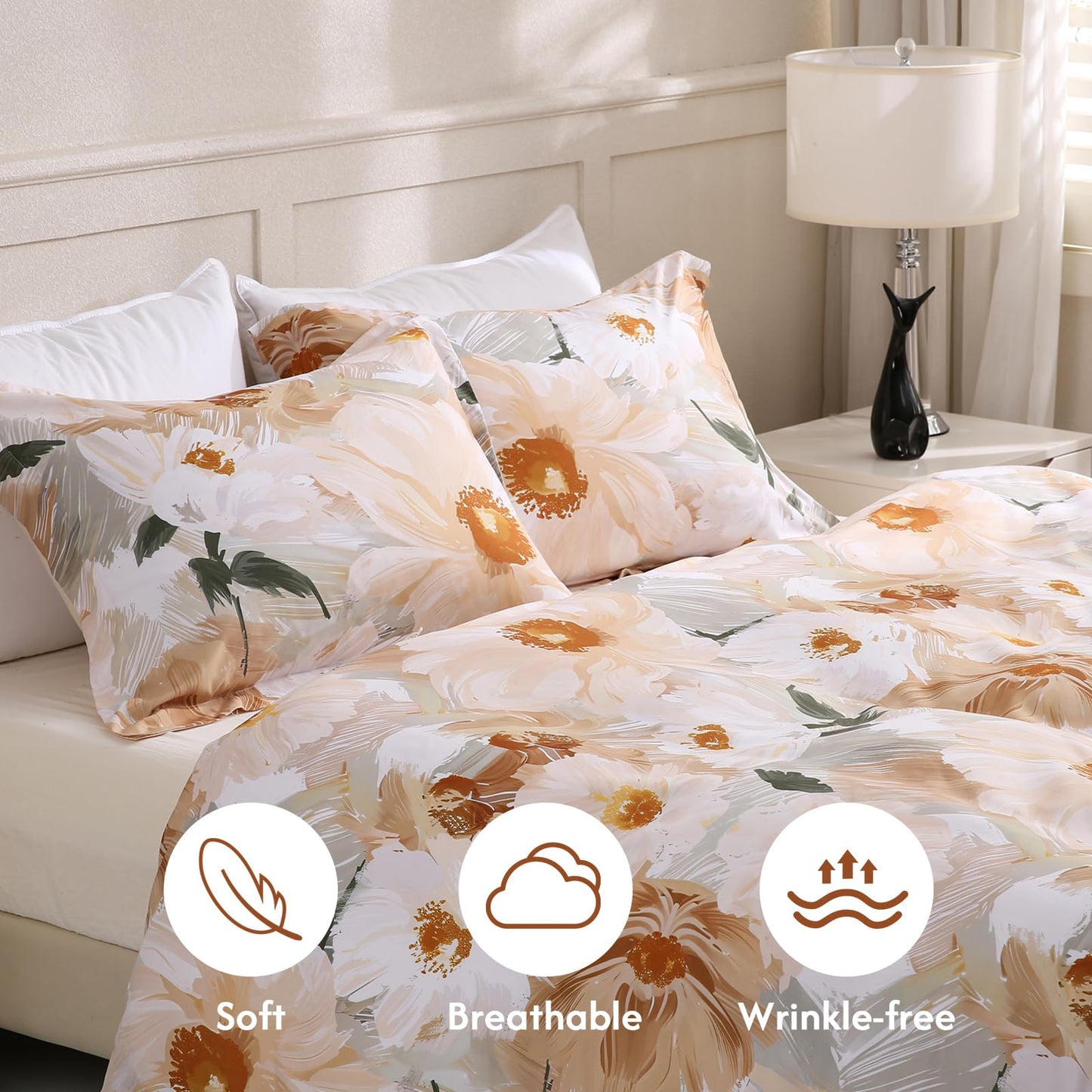 LONAVA Queen Flower 3 Pcs Duvet Cover Set, Breathable Soft Microfiber Biege Lining Comforter Cover with Zipper Closure, and 2 Anti-Pilling, Fade Resistant Pillowcases, Golden Flower