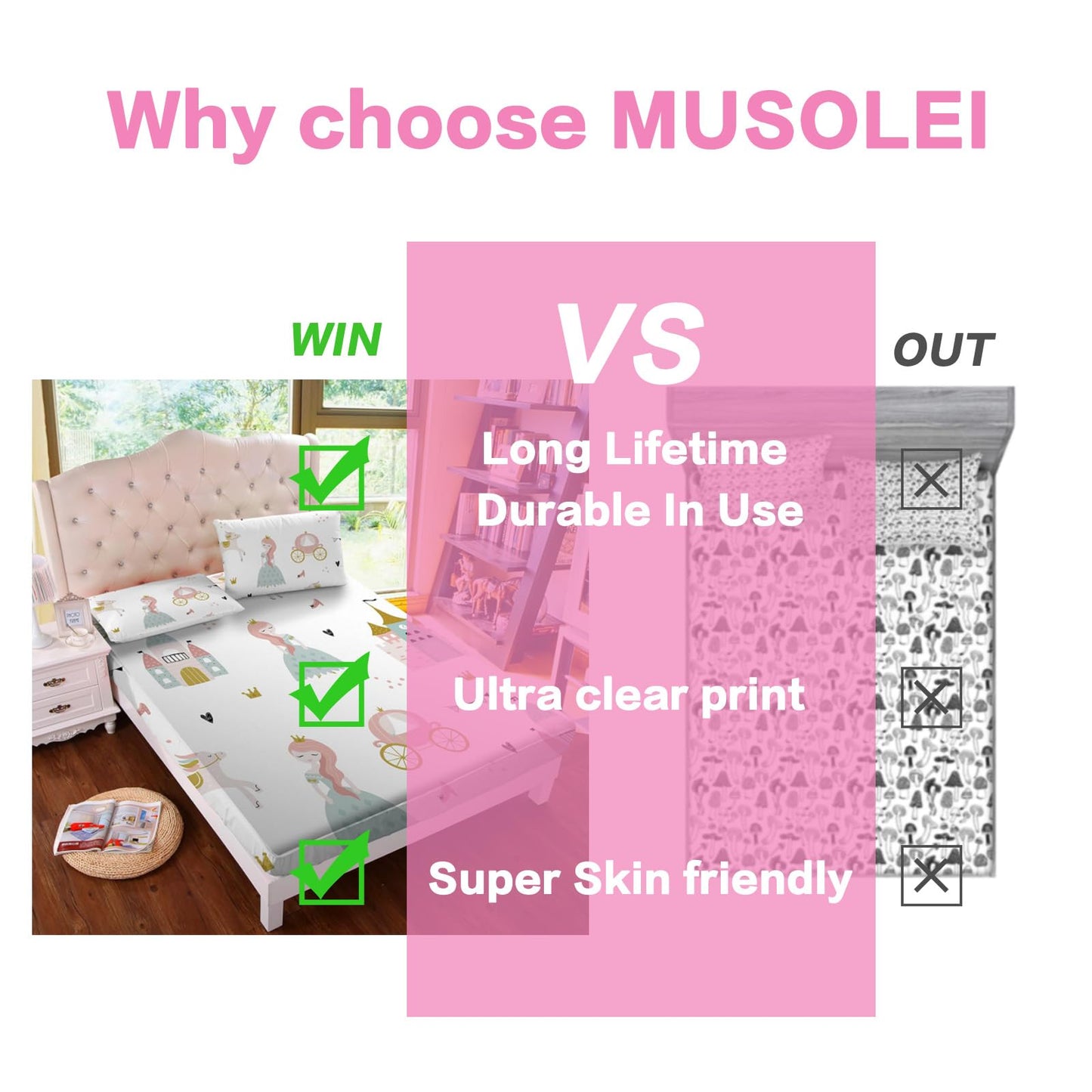 MUSOLEI Princess Fitted Sheet Set Cute Girl Castle Sheet Girl Bed Sheets Girls Teens Kids Bedding Set 1 Deep Pocket Fitted Sheet with Pillowcases Microfiber (Princess, Twin)