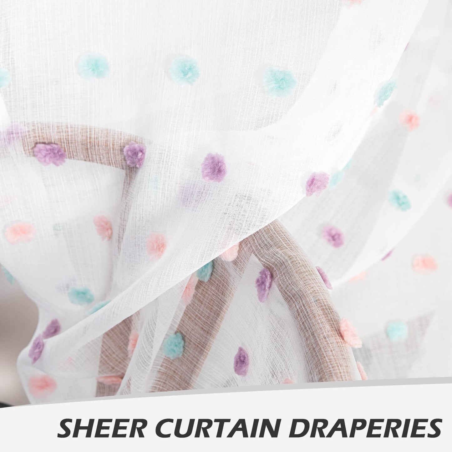 MYSKY HOME Rainbow Pom Pom Curtains for Living Room Light Filtering 84 Inch Long Bedroom Curtains for Nursery Girls Kids Room Rod Pocket Bohemian Voile Window Drapes 52 x 84 inch 2 Panels