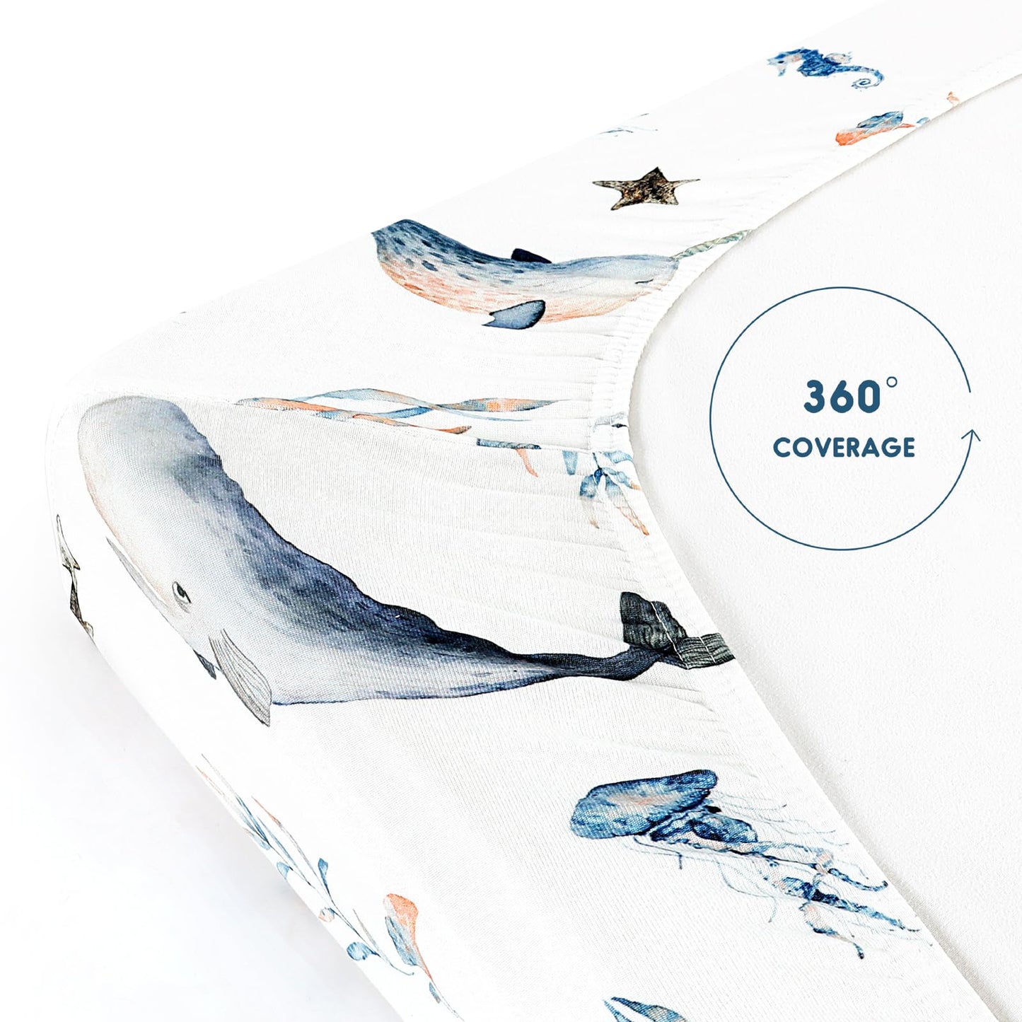 GRSSDER Stretchy Ultra Soft Jersey Knit Pack and Play Sheets 2 Pack, Portable/Mini Crib Sheets Universal Fitted for Playpen Mattress Safe and Snug, Cute Sea Fish & Space Print