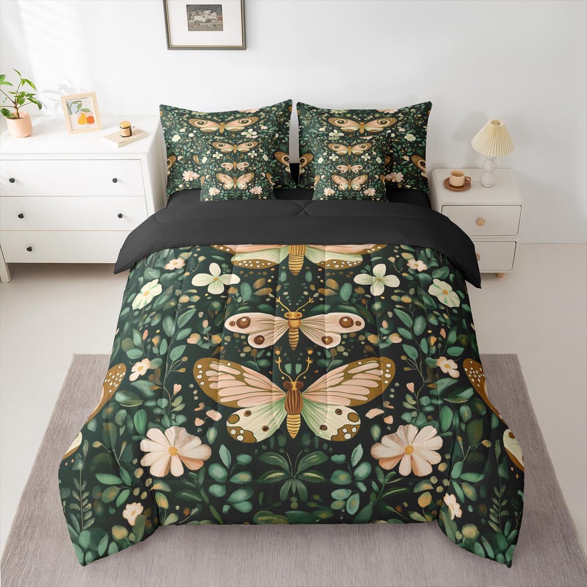 Feelyou Girls Butterfly Comforter Set with Sheets 7 Piece Queen Size Botanical Leaves Bedding Set for Kids Teens Beautiful Flower Bed in a Bag Room Decor Soft Lightweight Microfiber