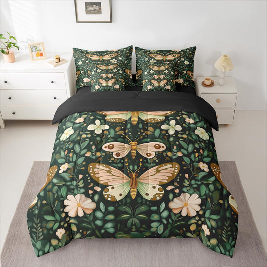 Feelyou Girls Butterfly Comforter Set with Sheets 7 Piece Queen Size Botanical Leaves Bedding Set for Kids Teens Beautiful Flower Bed in a Bag Room Decor Soft Lightweight Microfiber