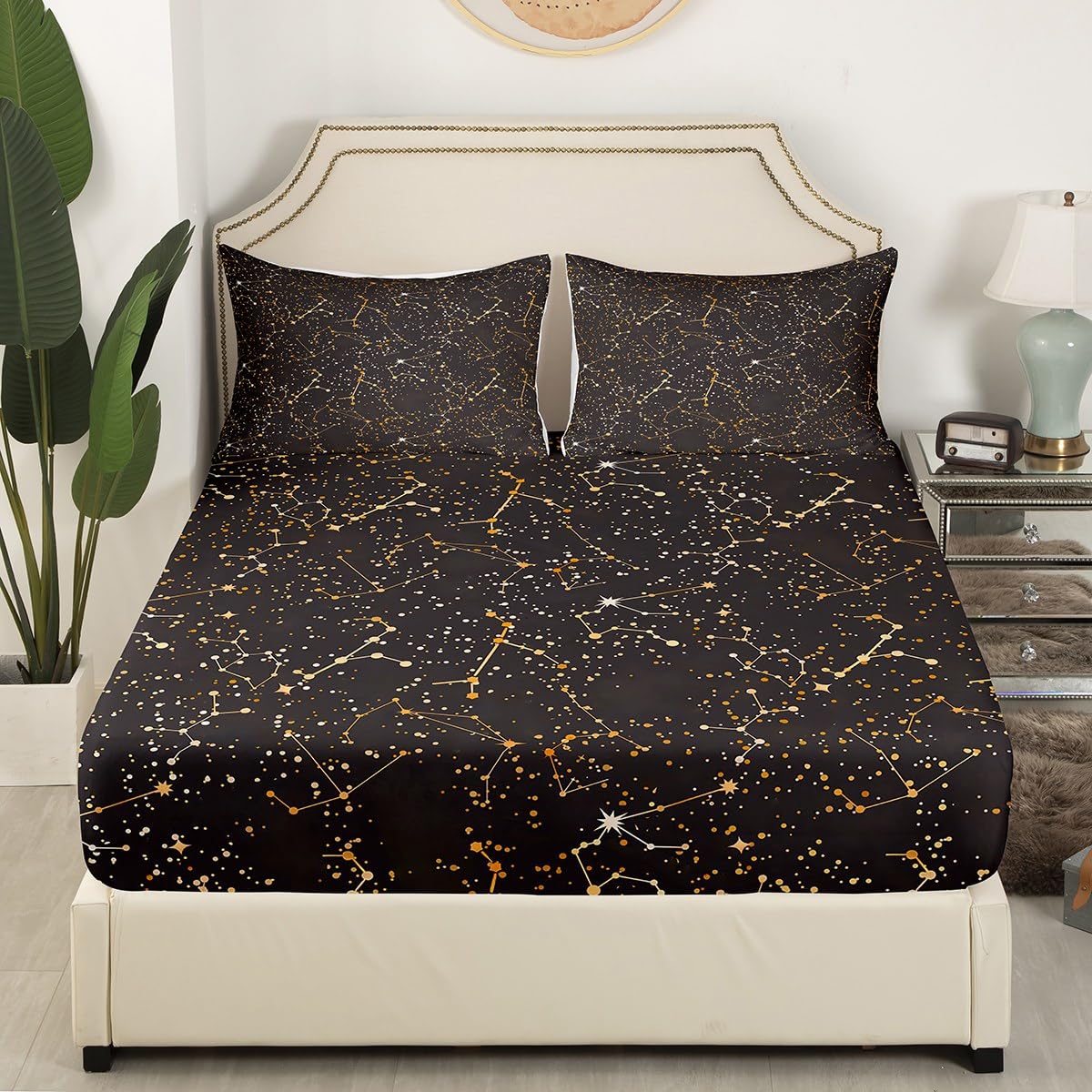 Constellation Theme Fitted Sheet Queen Size Black and Gold Bedding Set Starry Sky Galaxy Sheet Set,Stars and Moon Bed Cover Ultra Soft Breathable Bedspread 3 Pcs for Kids Teens Boys No Flat Sheet