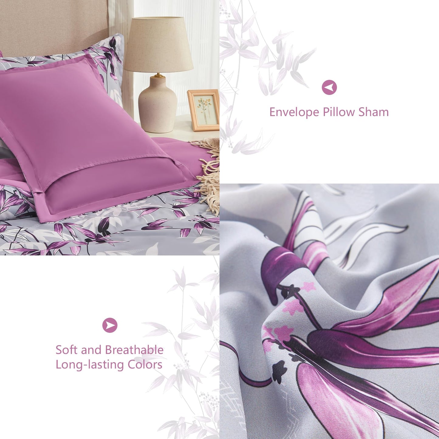 LXWORX Queen Comforter Set Purple - 7 Pieces Bed in a Bag Botanical Leaf Pattern Bedding Set, Soft Lightweight Bed Set with Comforter and Sheets for All Season (Purple,Queen)