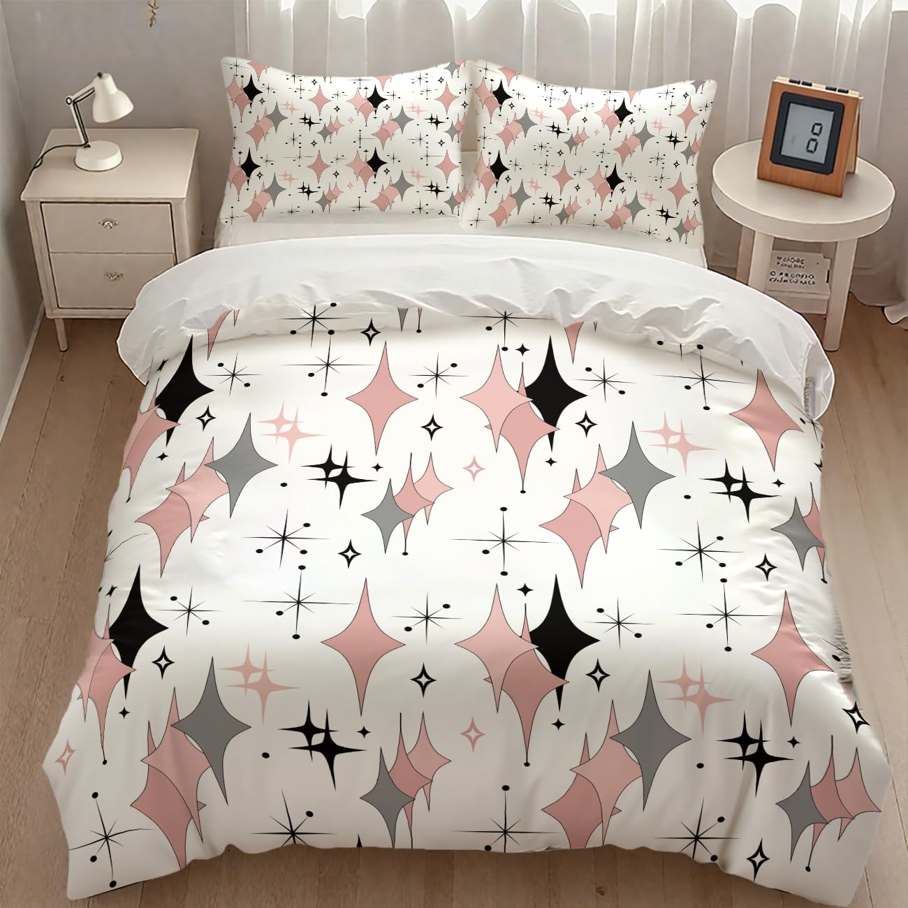 Lnepty Mid Century Comforter Set for Girls,Modern Pink Grey Abstract Atomic Geometric Pattern Retro 1950s 1960s Style Bedding Set with Pillowcase for Bedroom Bed Decor，Twin 86"x70"