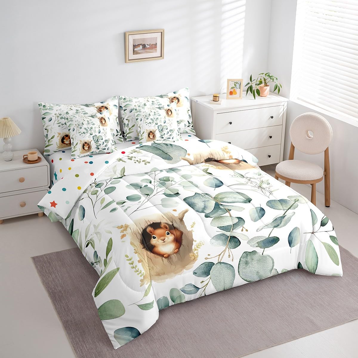 Erosebridal Kawaii Squirrel Bedding Comforter Sets 7pcs for Boys Girls Cartoon Animal Bed in a Bag, Eucalyptus Leaves King Bedding Sets Jungle Wildlife Comforter Set, Tropical Botanical Bedding Sets