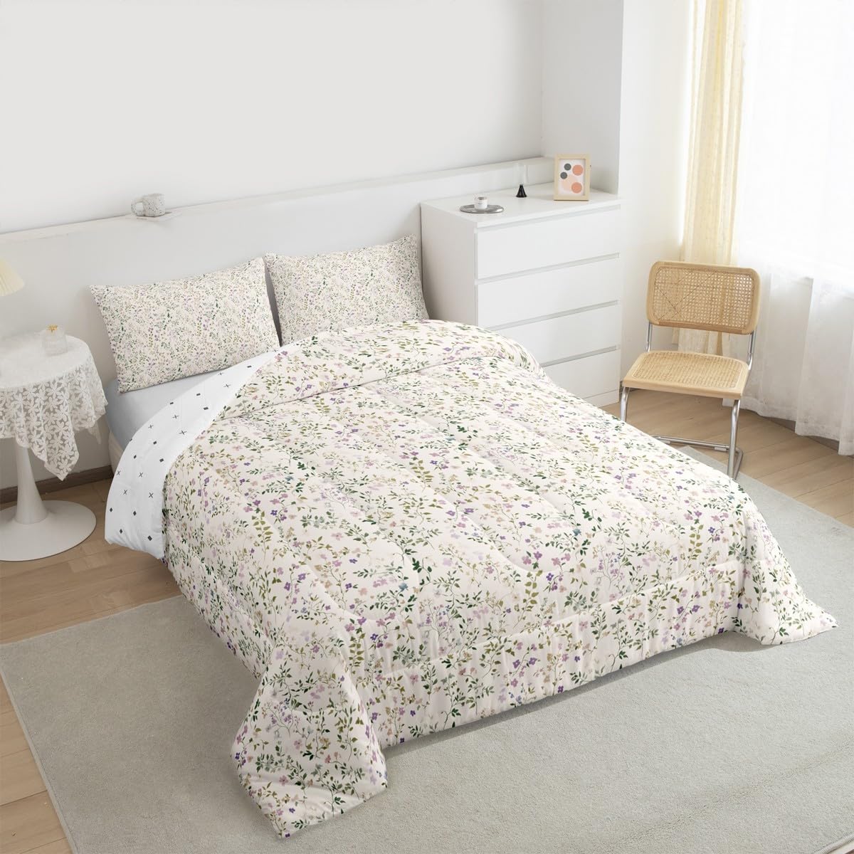 Feelyou Floral Comforter Set All Season Plant Bedding Set with 2 Pillow Cases Farmhouse Garden Microfiber Kids Full Bedclothes Cute Bedroom Decor White Beige Duvet Quilt Breathable Soft Lightweight