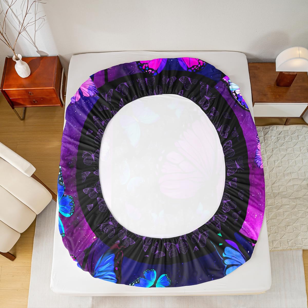 Purple Butterfly Bed Sheets Deep Pocket King,Mystic Galaxy Bed Sheet Set Blue Butterfly Bedding Sets for Kids Girls Teens Women,Psychedelic Starry Sky Fitted Sheet Aesthetics Flat Sheet 4 Pcs