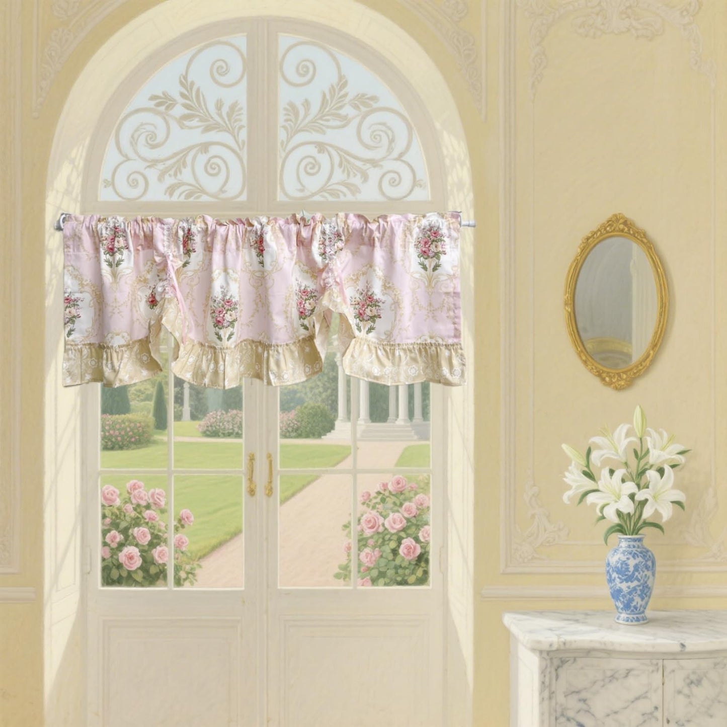 European Floral Tie Up Curtains for Kitchen Adjustable Balloon Shade Window Valance Elegant Cafe Bathroom Dining Room Window Drapes Rod Pocket 1 Panel (W59 X L16 INCH,Pink)