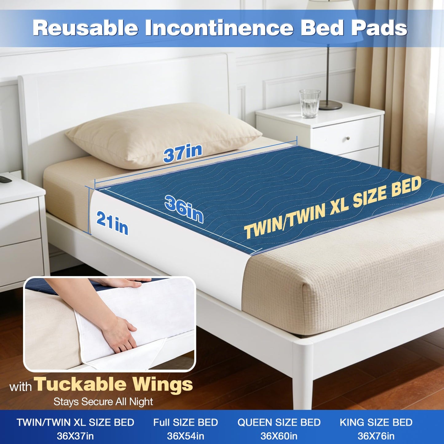 Xfire Bed Pads Washable Waterproof, Heavy Absorbency Reusable Bed Underpads with Tuckable Wings, Incontinence Bed Pads for Adults and Kids, Mattress Protector, Fits Twin/Twin XL Size Bed (Navy)