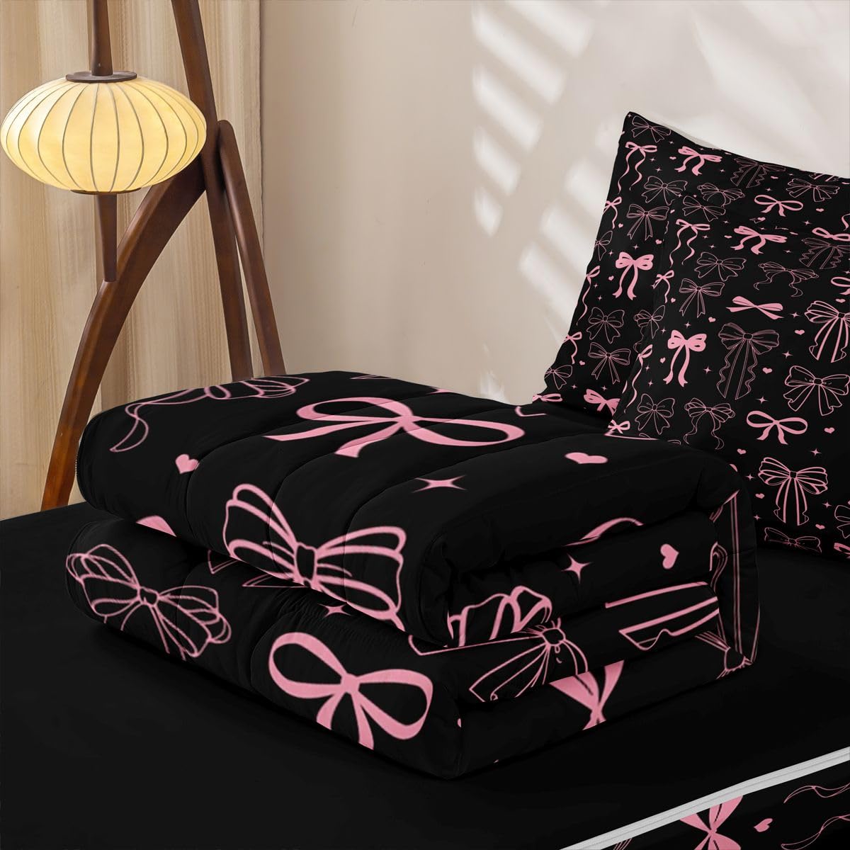 Feelyou Bow Zipper Bedding Full Bowknot Zipper Bedding Sets for Kids Boys Girls Black Pink Bow Comforter Set with Fitted Sheet and 2 Pillowcases Kawaii Bedroom Decor Black Pink