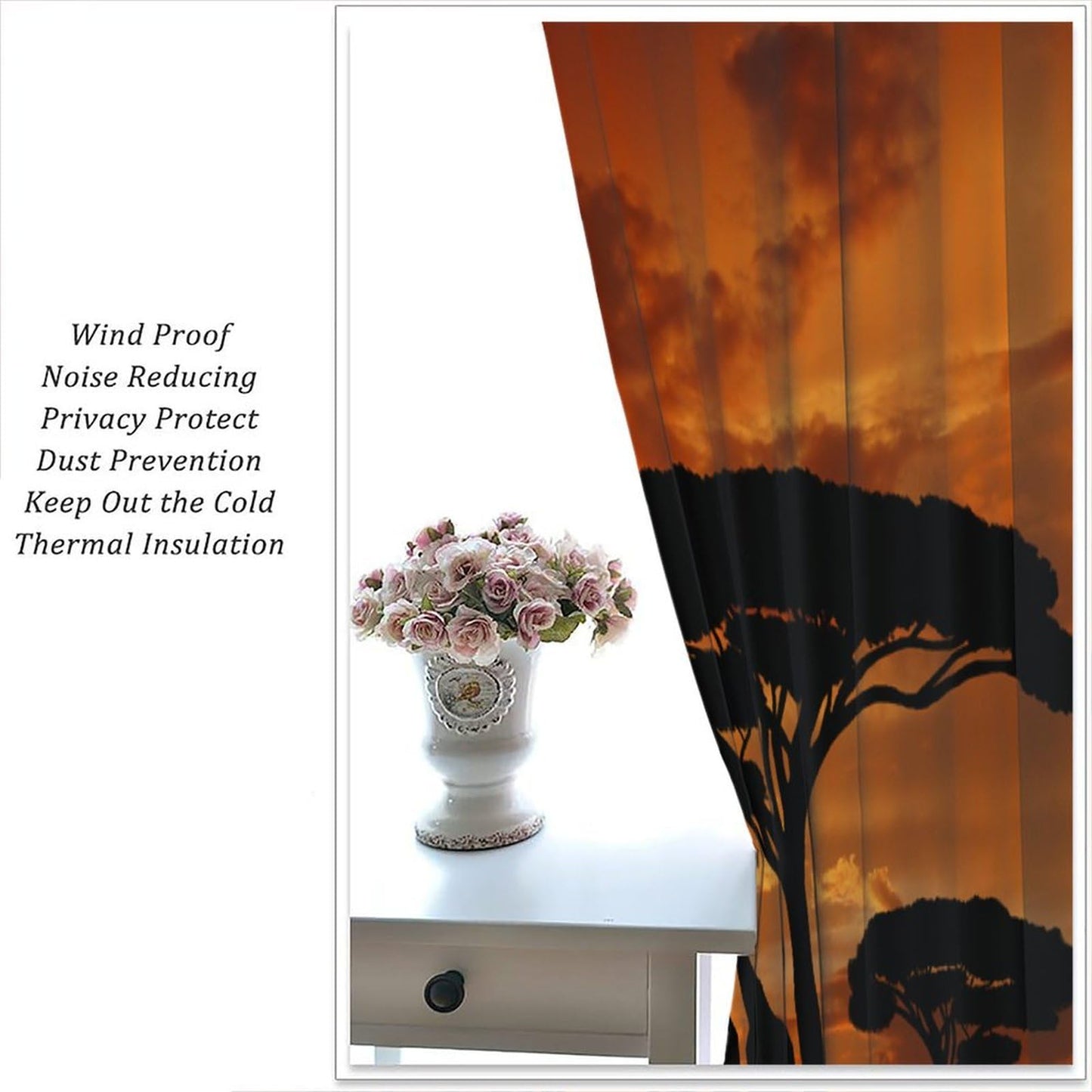 Africa Curtains, Savannah Animal Giraffe and Majestic Tree at Sunrise in Kenya, Living Room Bedroom Rod Pocket Blackout Window Drapes Burnt Orange and Black 42" W X 45" L