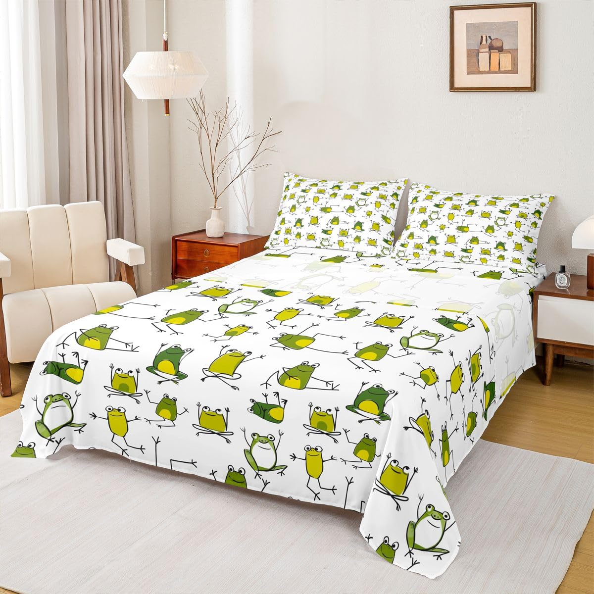 Erosebridal Green Frog Bed Sheets Funny Frog Sheet Set Full Size,Cartoon Wild Animals Fitted Sheet for Kids Child Toddler Boys,Cute Reptile Flat Sheet Lovely Wildlife Bedroom Decor