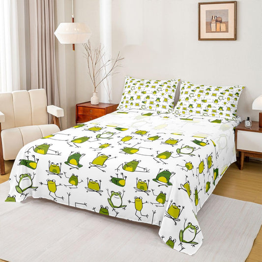 Erosebridal Green Frog Bed Sheets Funny Frog Sheet Set Full Size,Cartoon Wild Animals Fitted Sheet for Kids Child Toddler Boys,Cute Reptile Flat Sheet Lovely Wildlife Bedroom Decor