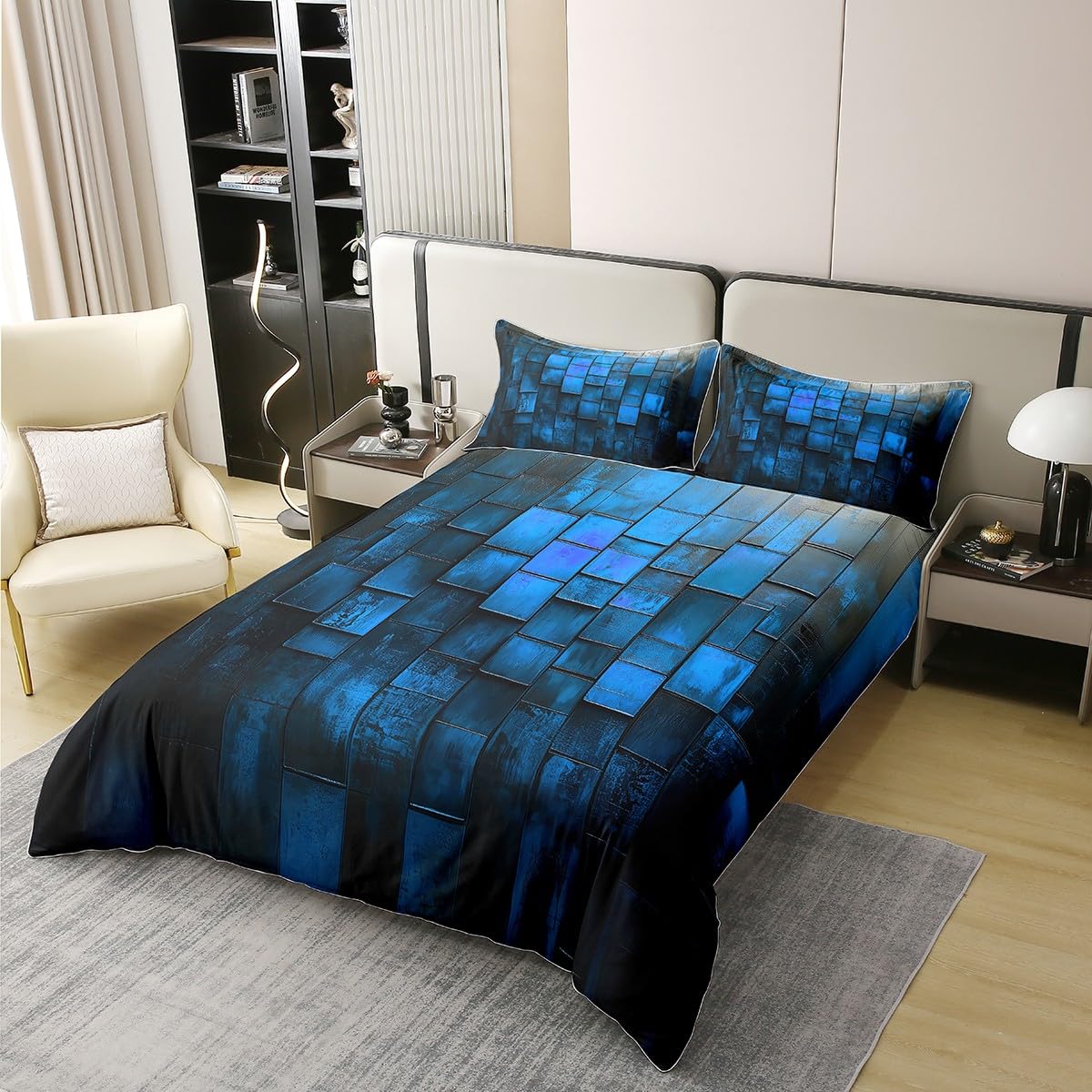 jejeloiu Blue Earth Black Duvet Cover 100% Cotton King Size Kids Abstract Geometric Comforter Cover for Boys Girls Teens Modern Art Bedding Set Breathable Soft Room Decor