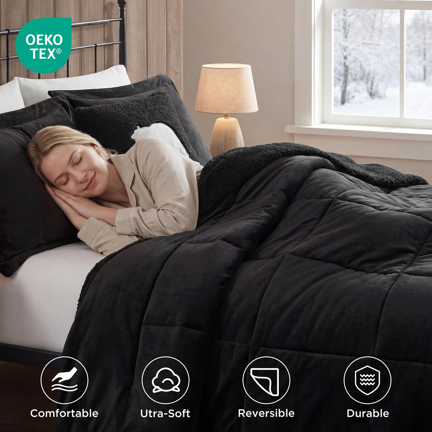 Woolrich Reversible Comforter Set Ultra Soft Plush to Sherpa, Down Alternative, Cold Weather Winter Warm Bedding, with Matching Sham, Decorative Pillow Black/Black Full/Queen 4 Piece