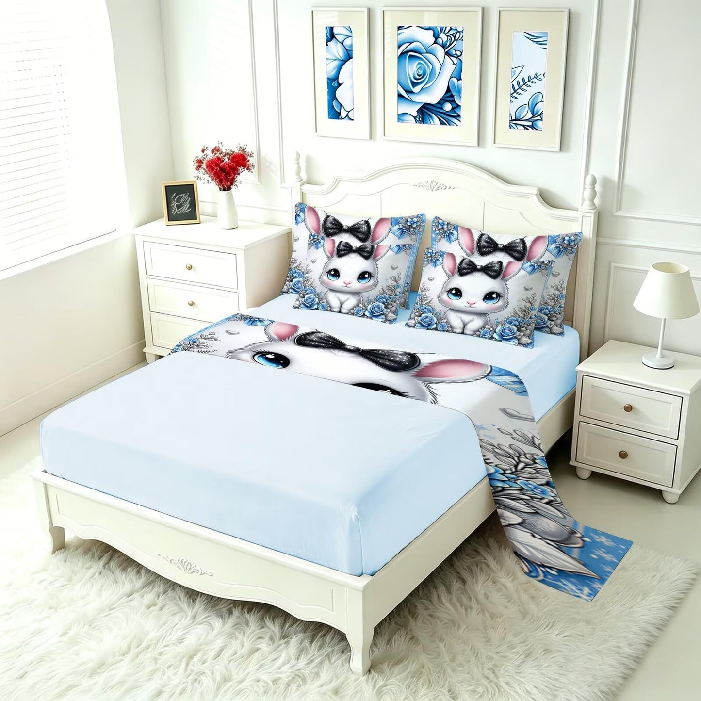 FUYEUN Rabbit King Comforter Set with Sheets for Kids Boys Girls Print 7 Pieces Cute Bedding Set Blue Cartoon Animal Bed in a Bag Princess Room Decor