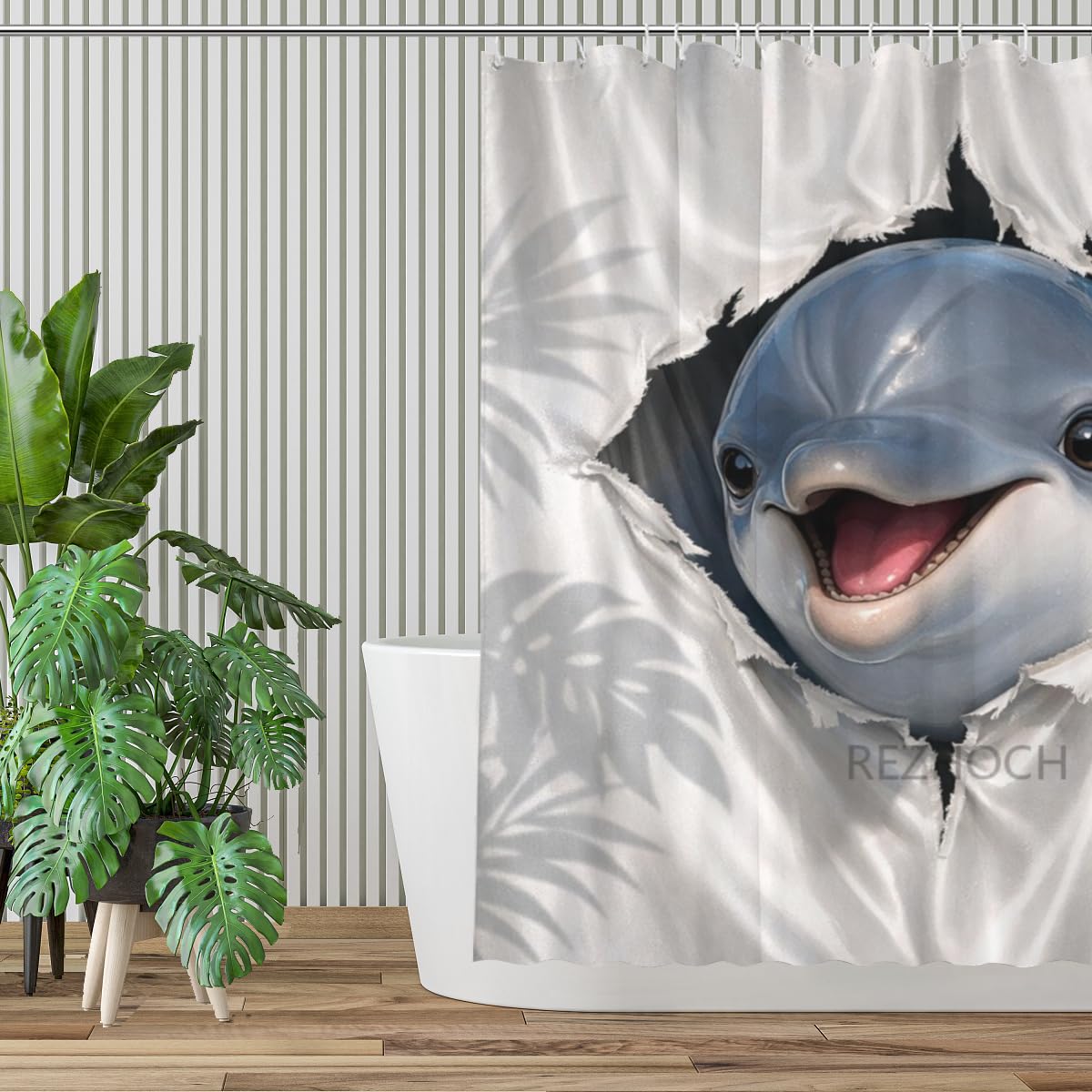 REZHOCH Cute Dolphin Shower Curtain 72x72Inch Fun Animal Hole Peeking Bath Curtain Waterproof Fabric Grayish White Rainforest Leaves Kid Adult Home Bathroom Decor with Hooks