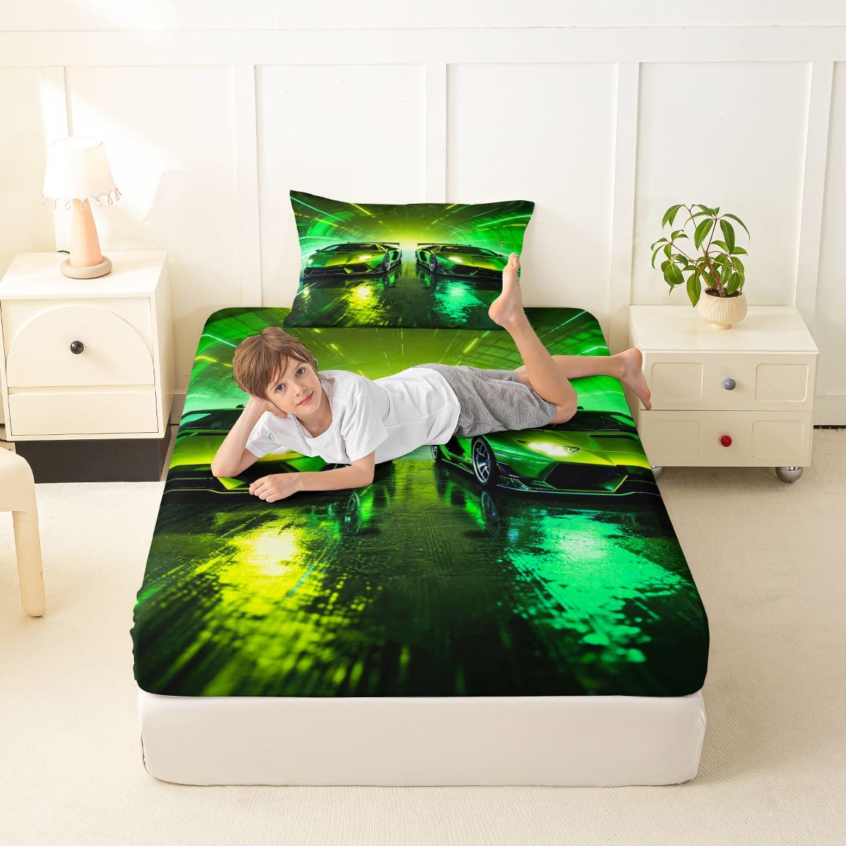Feelyou Green Racing Car Fitted Sheet with 1 Pillowcase Twin Size Boys Sports Car Bed Sheets Set 16" Deep Pocket Boys Girls Speed Sports Bedding Teens Bedroom Decor Breathable Soft Lightweight