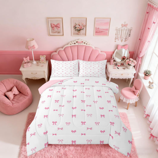 Erosebridal Bow Comforter Set Full Size, Girls Pink Bow Bedding for Kids Women Ultra Soft Cute Bowknot Comforter Kawaii Room Decor Duvet Set Coquette Princess Bowtie Quilt with 2 Pillow Cases