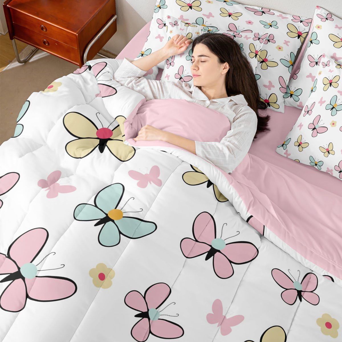 Feelyou Butterfly Comforter Set Queen Size 7 Pieces Cute Pink Bedding Set for Kids Boys Girls Kawaii Bed in a Bag with Comforter, Sheets, Pillowcases, Cushion Covers Soft