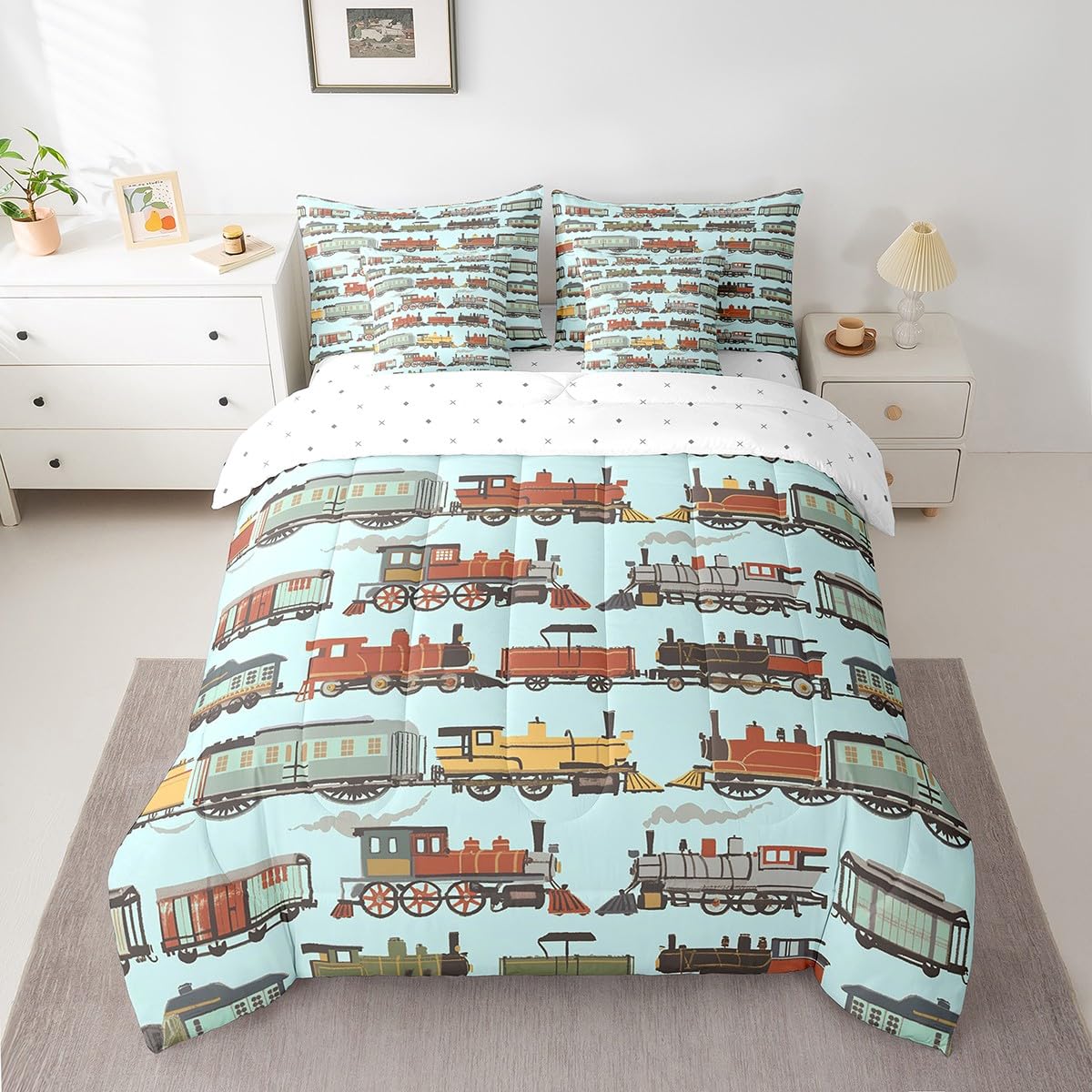 7 Pieces Twin Size Cartoon Train Comforter Set,Retro Steam Engine Train Bedding Set for Boys Girls,Railroad Track Transport Teal boho (Comforter+Fitted+Flat Sheet+2 Pillowcases+2 Throw Pillow Covers)