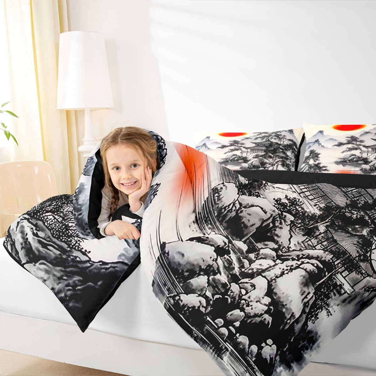 jejeloiu Chinese Ink Painting Kids Comforter Set Queen Size Japanese Style Bedding Set Red Sun Duvet Quilt for Kids Boys Girls Bedroom Mountain Decor Microfiber Ultra Soft Breathable