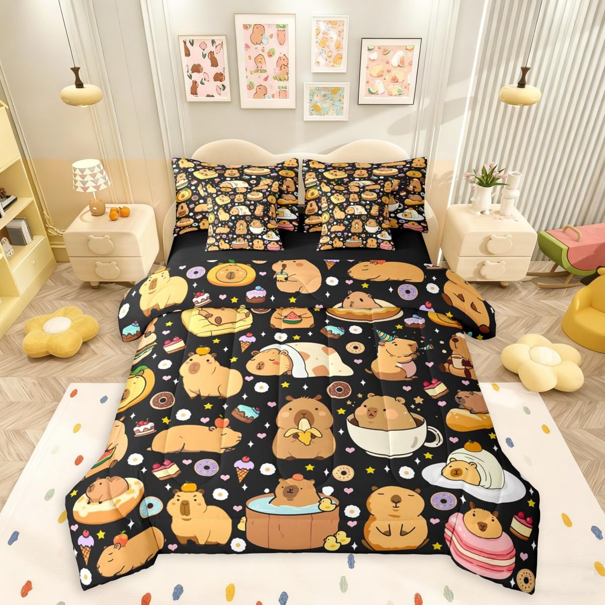 Funny Capybaras 7 Pieces Bedding Set Twin Size,Capybara Lover Bed in a Bag,Cute Rodent Animal Bed Set Includes Comforter,Sheet Set,Pillowcases & Pillow Covers,Kawaii Animals Yummy Foods Bedroom Decor