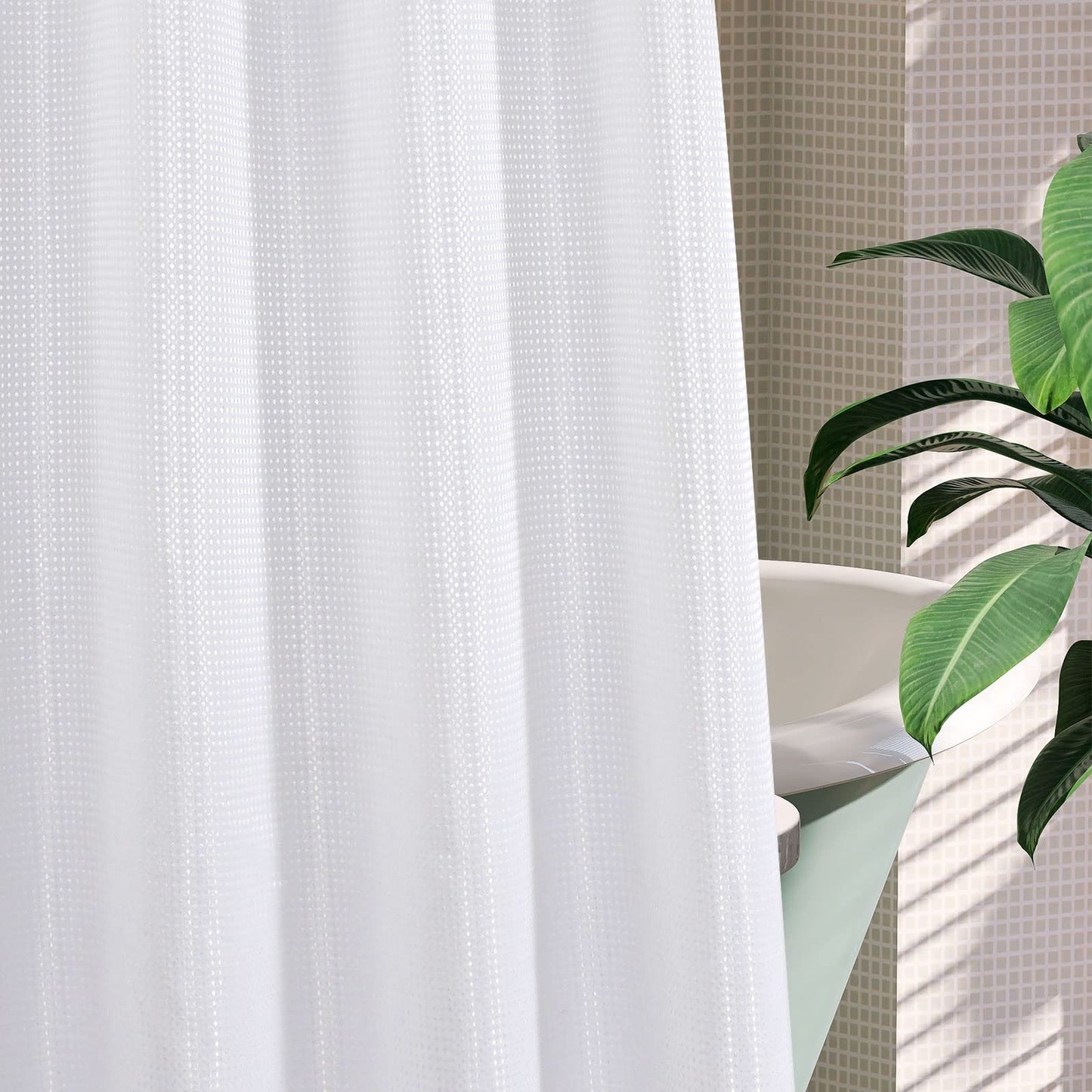 MitoVilla No Hooks Need White Waffle Shower Curtain Liner Set, Modern Waffle Weave Fabric Shower Curtains with Snap-in Liner for Luxury Hotel Grade Spa-Like Bathroom Decor, 72 x 74