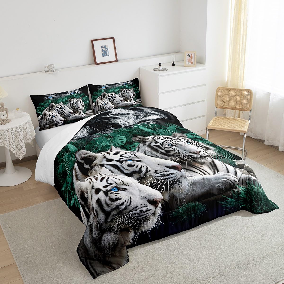 Feelyou Tiger Bedding Set Wild Animal Theme Pattern Comforter Set for Kids Adults Safari Cats Comforter Soft Wildlife White Tiger Decor Quilt Set Twin Size