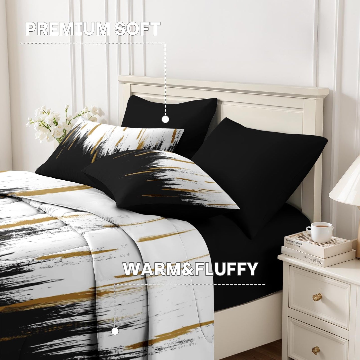Nesker Comforter Set King Size, Black Gold White 7 Pcs Bedding for Kids and Adults, Abstract Oil Painting Bed Sheet Sets with Fitted Sheet 2 Pillowcases & 2 Shams