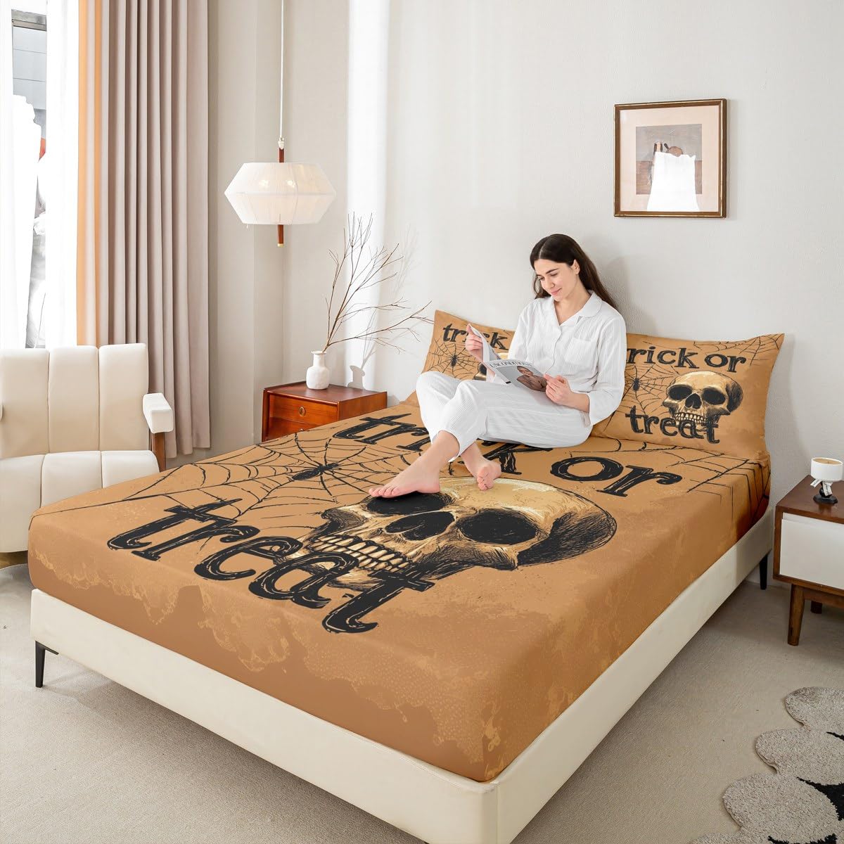 Feelyou Kids Halloween Bed Sheets Set Full Size, Trick or Treat Sheet Set Skull Decor Bedding Set Boys Girls Spider Web Teens Bedroom Decor Soft Bed Set 4Pcs