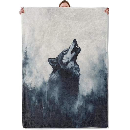 Mounidso Wolf Themed Flannel Blanket, Soft Warm Lightweight Rectangular 50" x 60" for Living Room Home Travel Decor