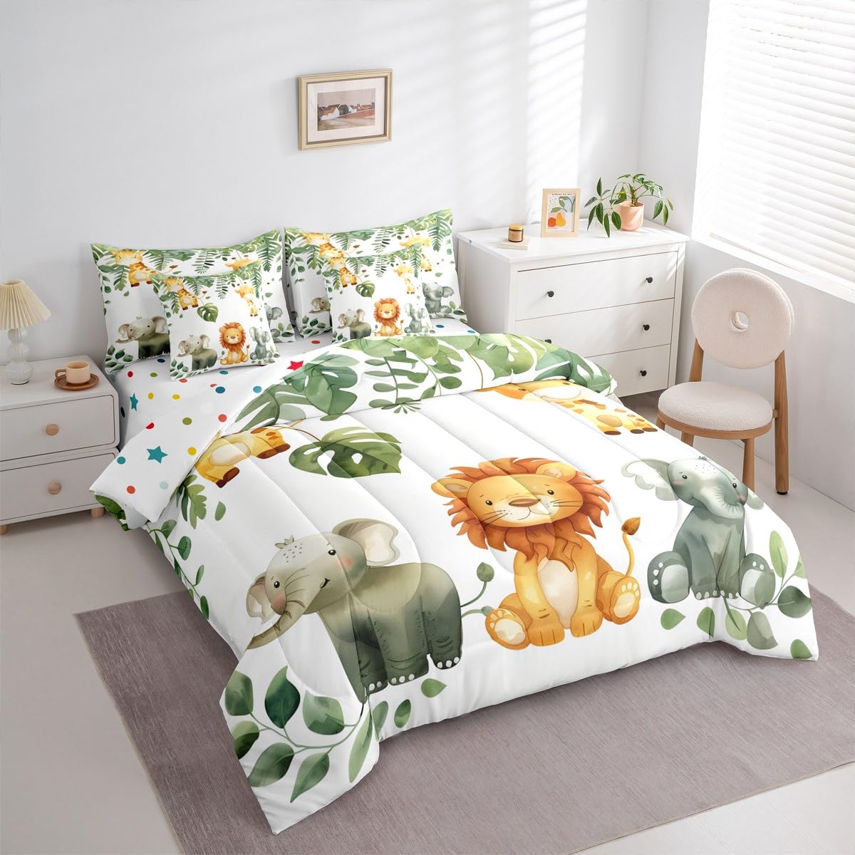 Erosebridal Cute Elephant 7 Piece Bedding Set King Leaves Comforter Set with Sheets Lion Giraffe Palm Leaf Hand Drawn Bed in a Bag Cartoon Animal Theme Elephant for Kids Boys Girls