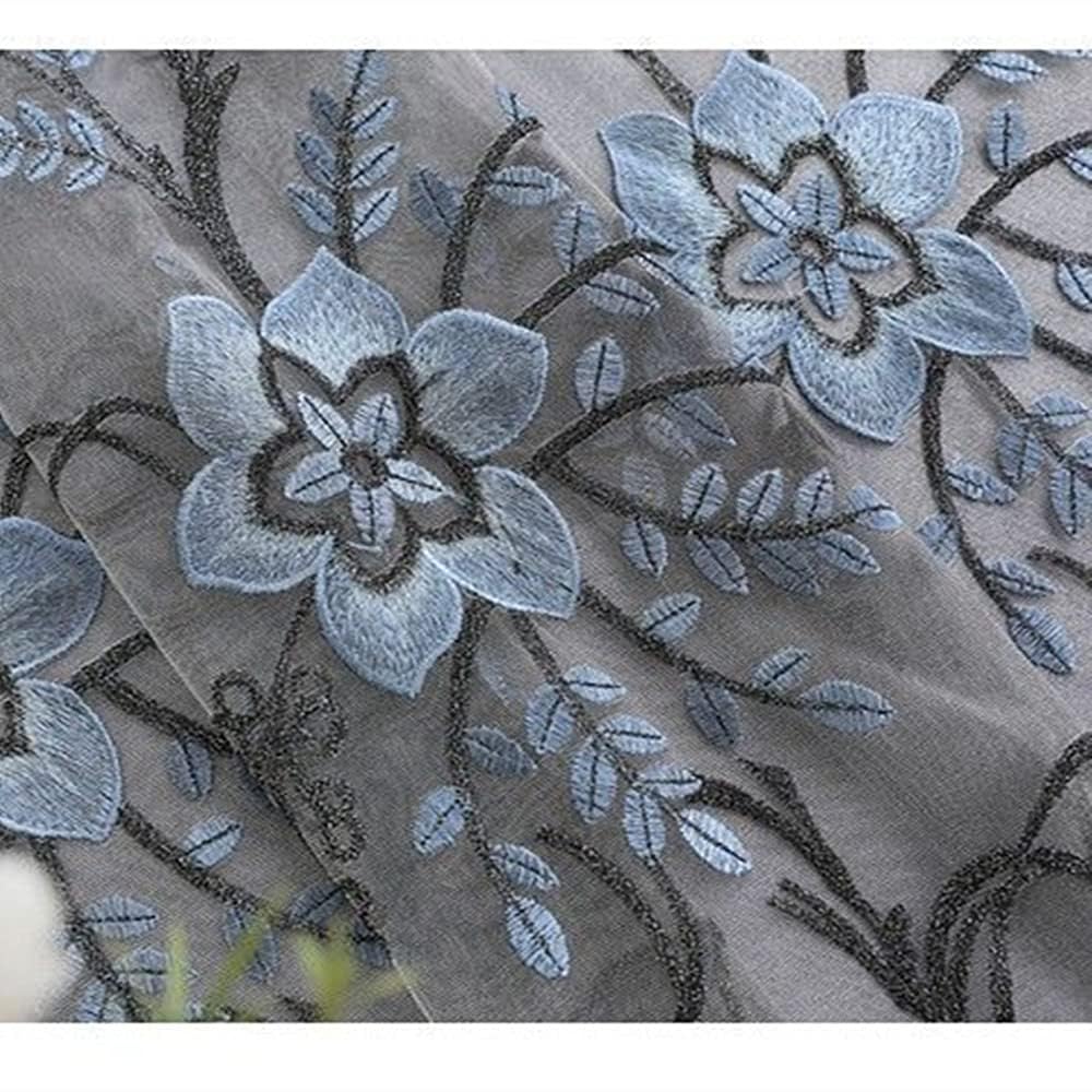 Amidoudou 1 Pair European Double Layer Curtains for Living Room Bedroom Luxury Flower Embroidered Curtains with Valance (Grey,52x95 Inch)