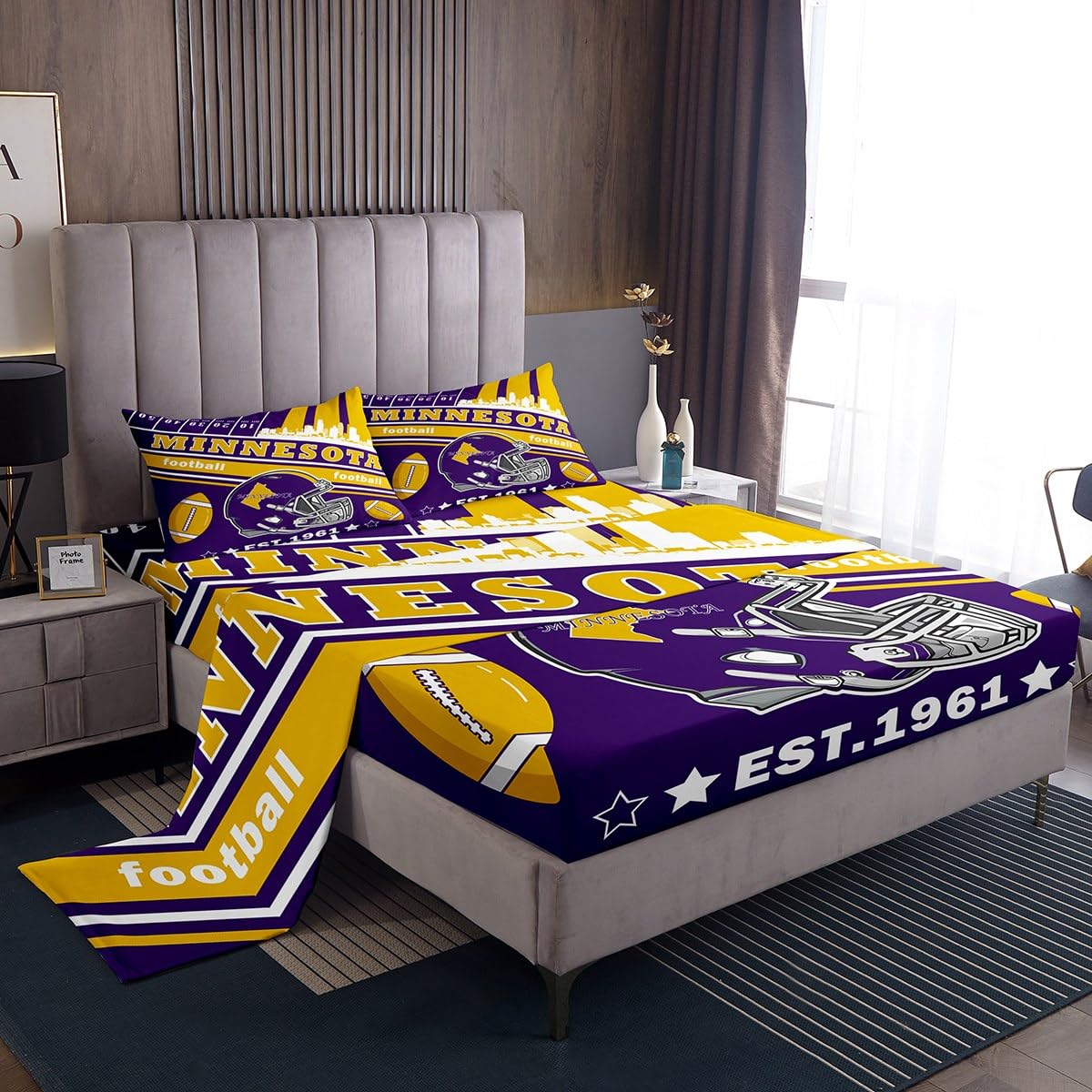Feelyou Football Bed Sheets Set Boys Teens Twin Size Women Men Rugby Sports Bedding Set Football City Fitted Sheet with 16 Inch Deep Pockets