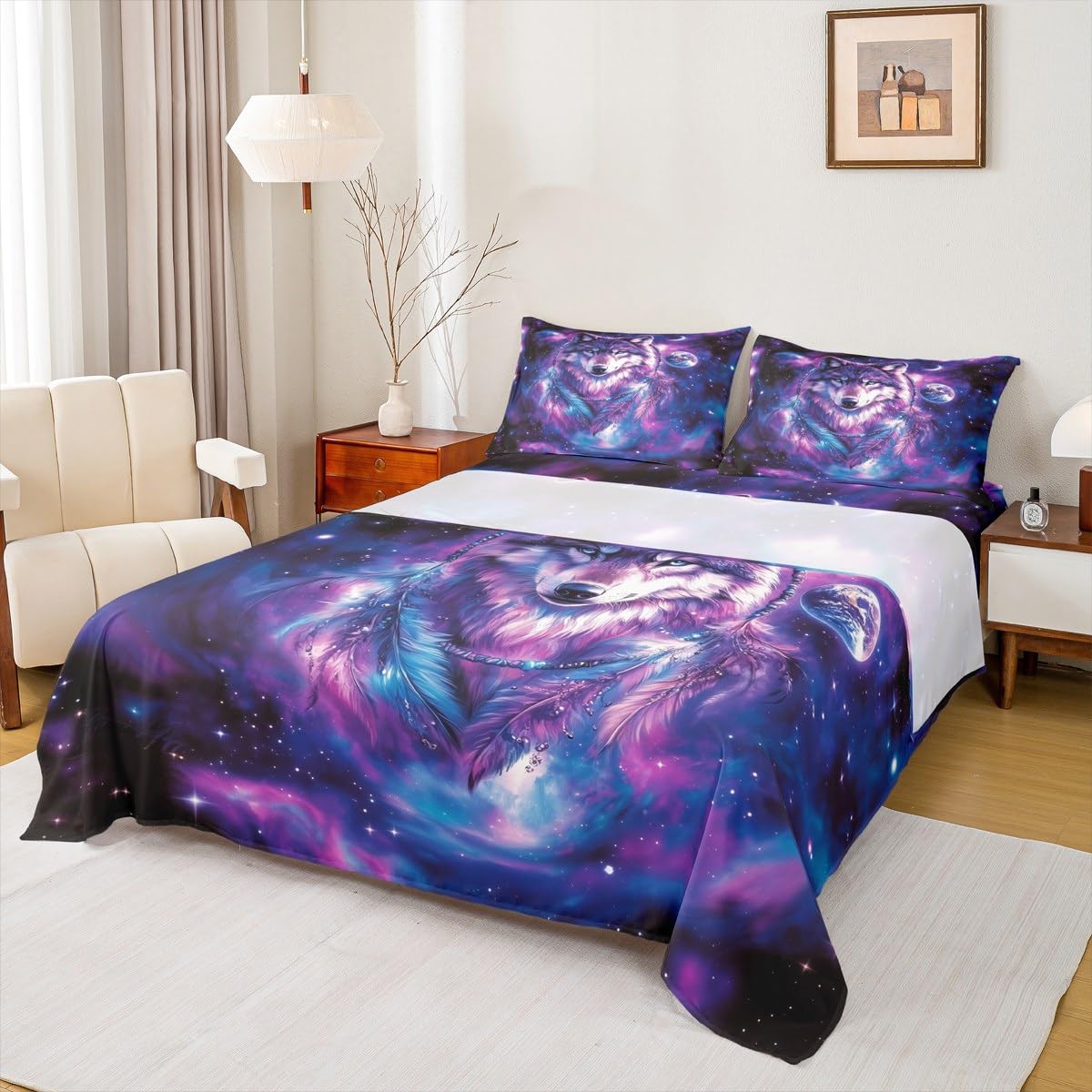 Erosebridal Full Wolf Bed Set Tribal Animal Bed Sheets Set Bohemian Feather Wildlife Flat Fitted Sheet for Kids Adult Women Men Starry Sky,Purple Bedding Sets for Bedroom Decor with 2 Pillow Cases
