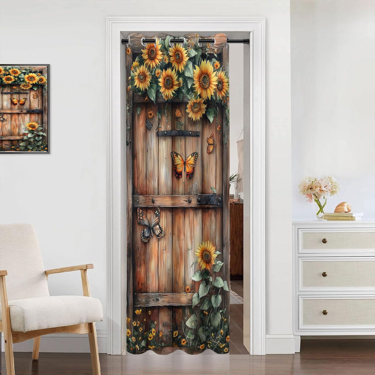 Shixiaoyan Wooden Barn Door Door Curtain for Doorway Privacy Sunflower Flowers Butterfly Country Closet Door Cover Curtain for Darkening Door Drape for Kid Teens Boys Teens, 1 Panel 34" W X 80" L