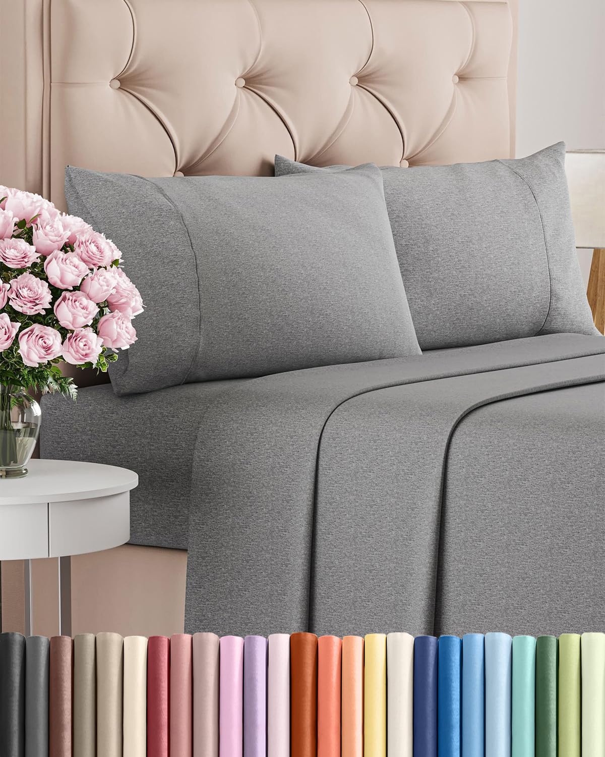 Full Size 4 Piece Sheet Set - Comfy Breathable & Cooling Sheets - Hotel Luxury Bed Sheets for Women & Men - Deep Pockets, Easy-Fit, Soft & Wrinkle Free Sheets - Heathered Grey Oeko-Tex Bed Sheet Set