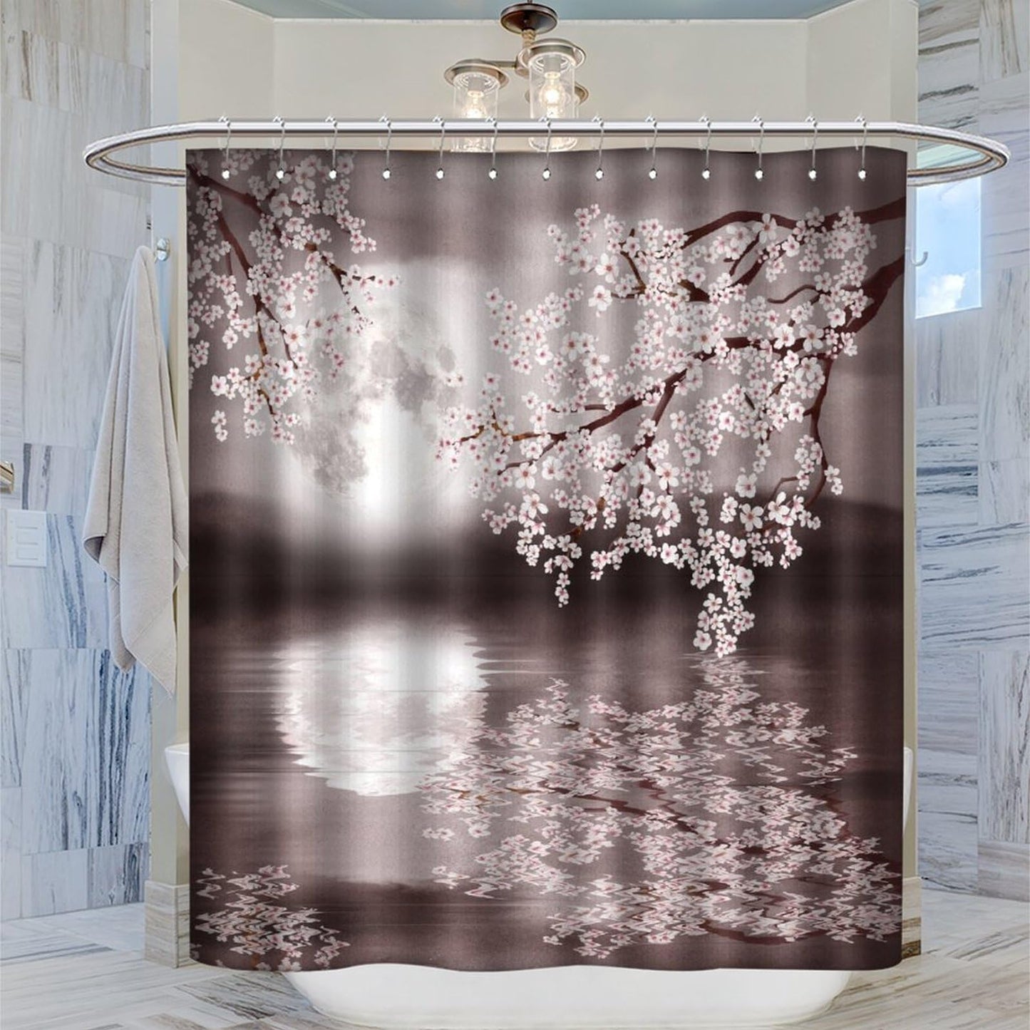 DDCBNS Japanese Cherry Blossom Shower Curtains,Pink Flower Nature Landscape Print Shower Curtain for Bathroom Decor Asia Oriental Theme Fabric Waterproof Upholstery Hook 66x72inch