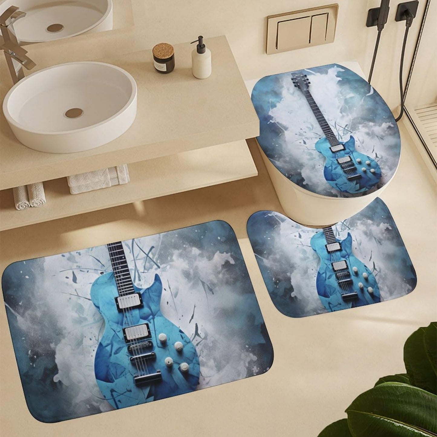 FOCCAFB 4Pcs Abstract Guitar Bathroom Sets with Shower Curtain Rugs Mats Blue Natural Musical Instrument Bathroom Decorations Sets with Non Slip Rugs Toilet Lid Cover Bath Mat, Style-2