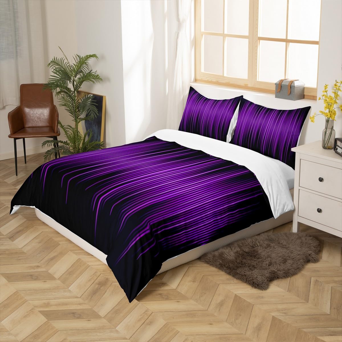 Geometric Abstract Stripes Kids Duvet Cover Set King Size,Purple Gradient Lines Bedding Set,Boys Girls Adults Bedroom Decor,Modern Stylish Comforter Cover,Black Simple Quilt Cover,3pcs,2 Pillowcases