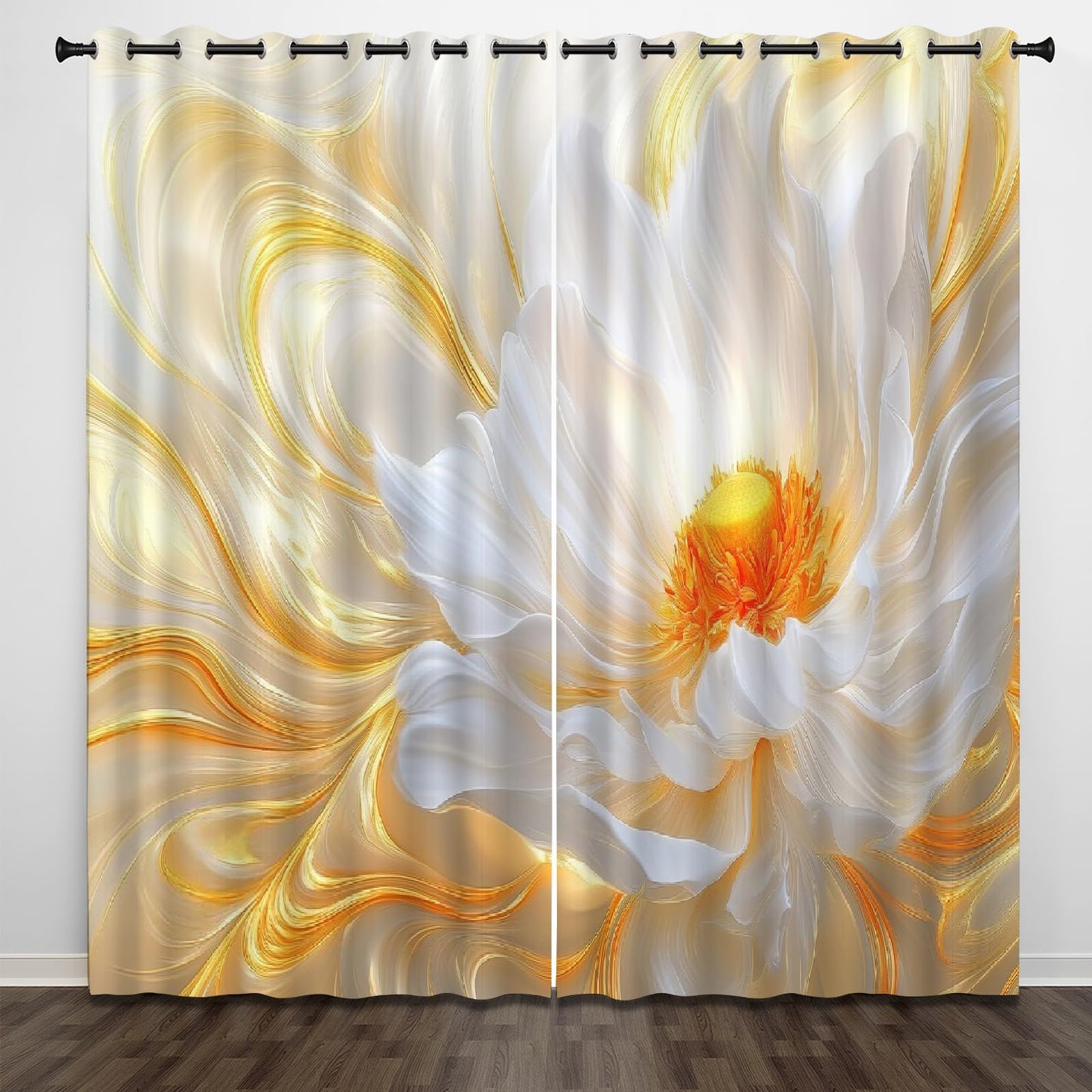 Blooming White Flowers Blackout Curtains, Shiny Gold Background Window Curtain Set of 2 Panels, 3D Printed Darkening Thermal Insulated Drapes for Bedroom Home Living Room(63" W x 63 "L)