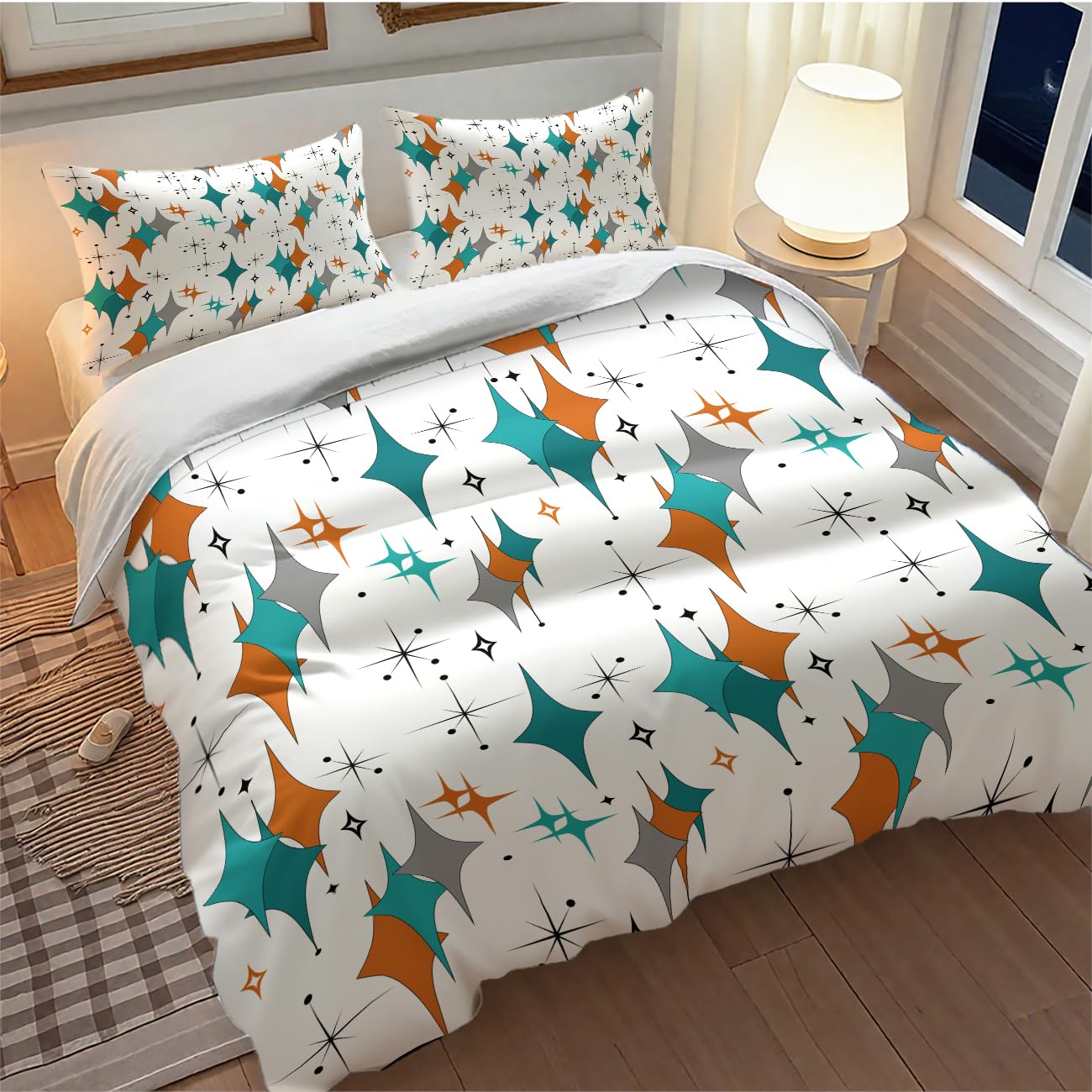 Lnepty Mid Century Bedding Set,Modern Orange Blue Abstract Atomic Geometric Pattern Retro 1950s 1960s Style Comforter Set with Pillowcase for Bedroom Bed Decor，Twin 86"x70"