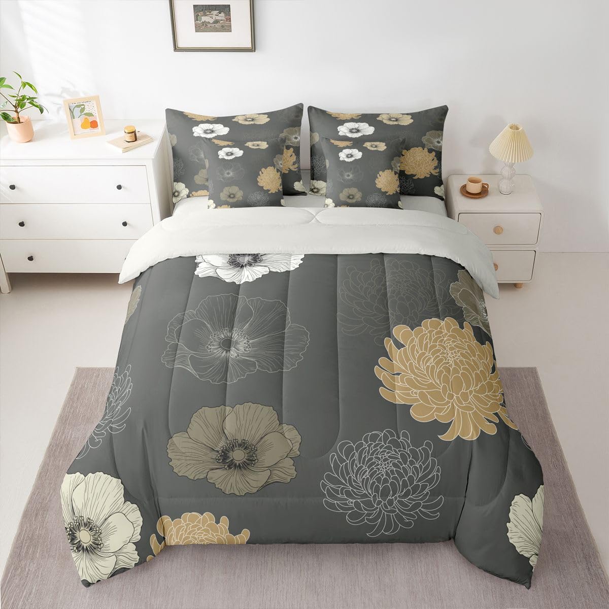 Feelyou Floral Flower 7 Piece Bedding Set Grey Brown Comforter Set with Sheets for Kids Boys Girls Poppy Flower Hydrangea Bed in a Bag Damask Print Bed Set Soft Lightweight