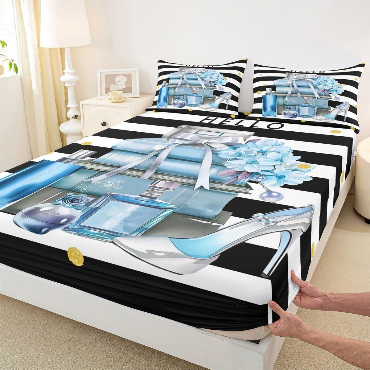 Erosebridal Black and Blue Bed Sheets King Size Fashion Black White Girly Sheet Set for Girl Women Modern Flower Floral Perfume Striped Bedding Set High Heels Magazine Books Sheets