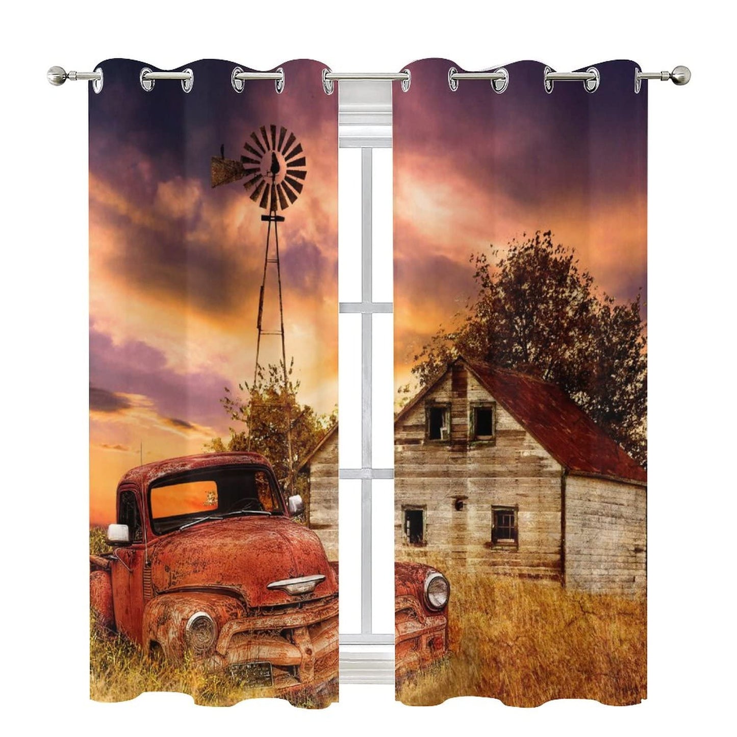 Kazynee Rustic Farm Old Truck Room Darkening Blackout Window Curtains with Grommets,Western Country Farmhouse Sunset Nature Scenery Energy Efficient Window Treatment 2 Panels 63L x 21W