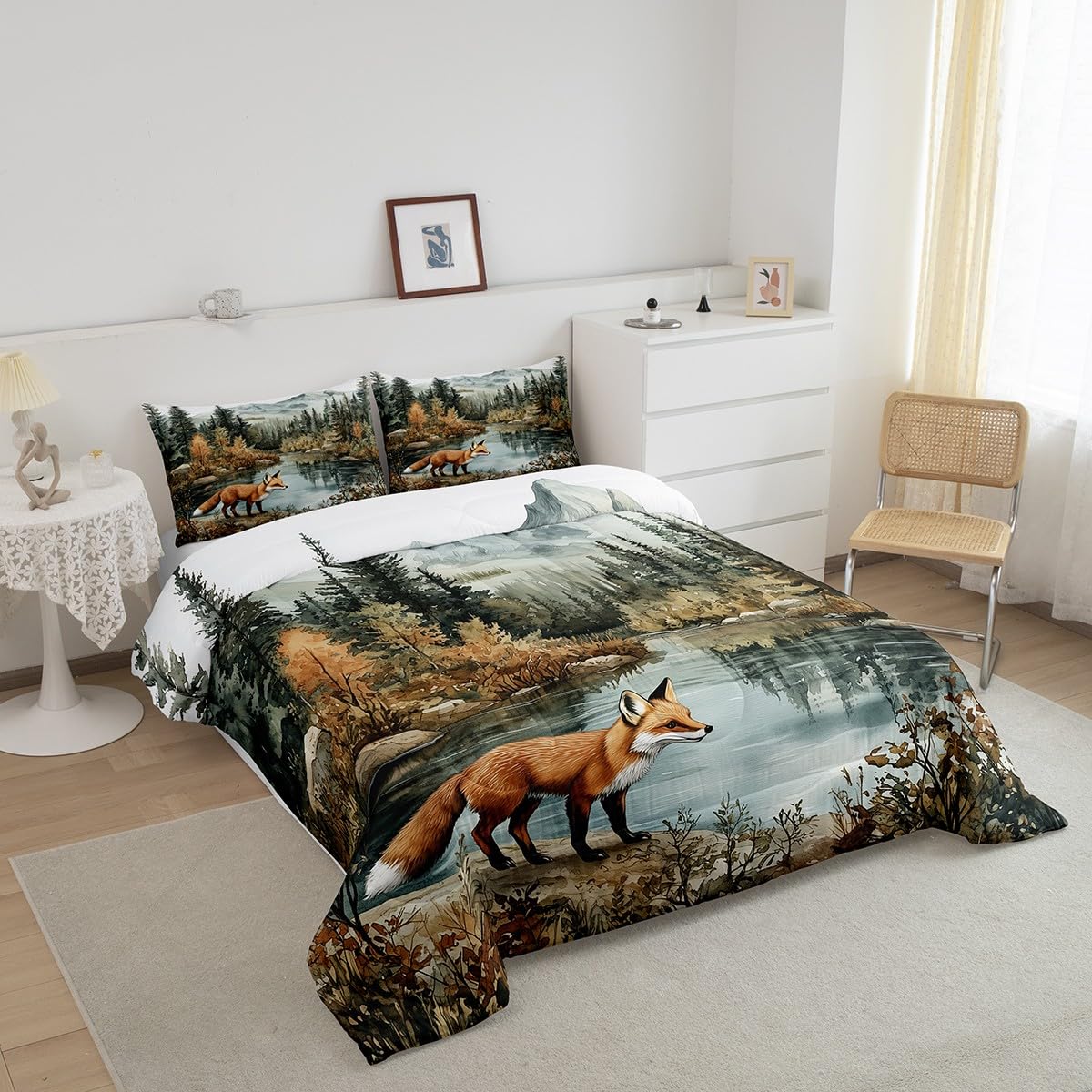 Fox Woodland Bedding Set Full Size,Woodland Pine Tree Comforter Set for Kids Girls Boys Adults Room Decor,Lake Mountain Wildlife Duvet Insert 3Pcs,Nature Botanical Soft Quilt Set,2 Pillowcases